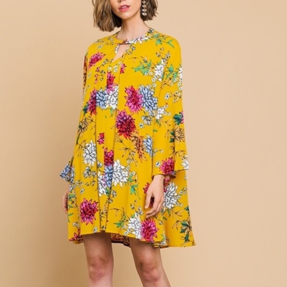 Umgee Boho Mustard Floral Swing Dress Bell Sleeves - Picture 1 of 12